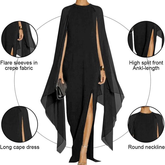 Elegant Women's High Split Maxi Dress with Flare Sleeves & Cape - Black - Picture 2 of 3